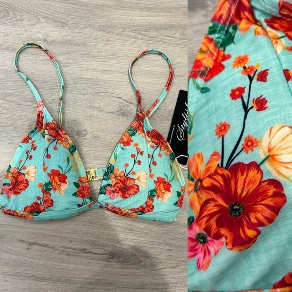Stylish Swimwear Floral Turquoise Bikini Top (S) - Picture 1 of 8